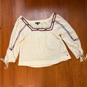 American Eagle Outfitters Cream Peasant Blouse with Burgundy Trim